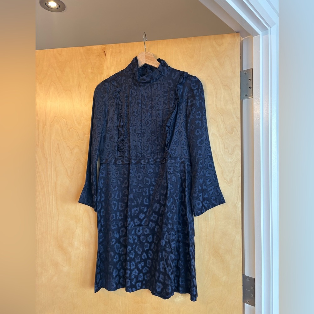 SOEUR Navy Leopard Print Silk Mini Dress - Medium
